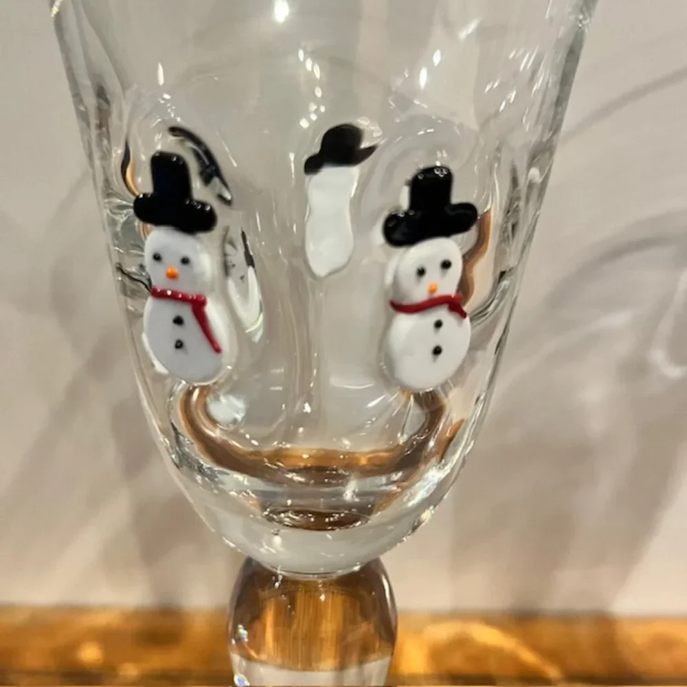 Set of (2) Crate & Barrel 8oz Blown Glass Fused Snowmen Santa Wine Goblet Glass